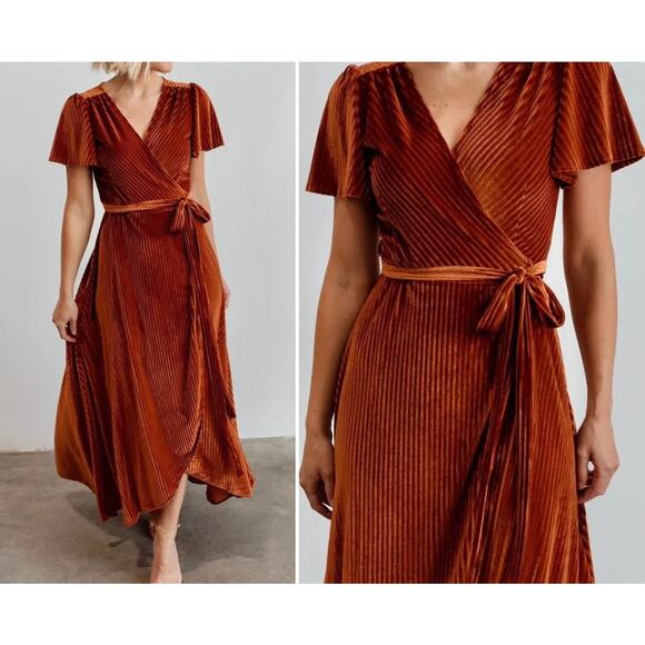 Baltic Born Dresses & Skirts - Baltic Born Women Andi Dress M Brown Burnt Orange Velvet Ribbed Wrap